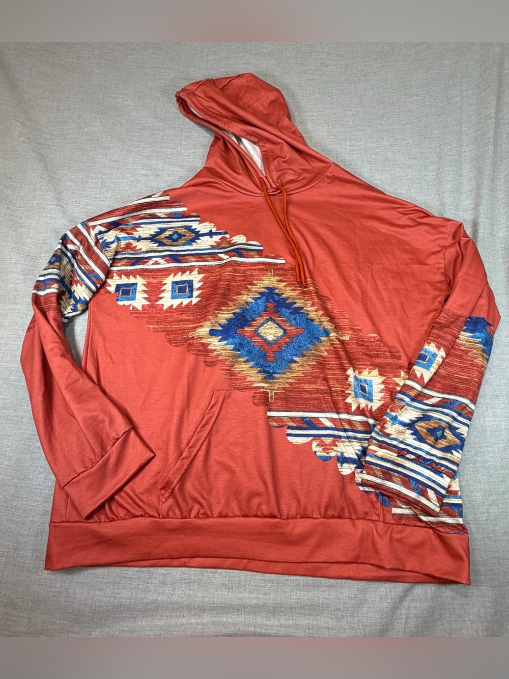 Rust Red Southwestern Patterned Hooded Sweatshirt